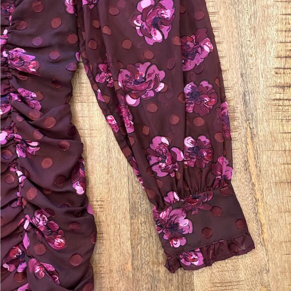 ASTR | Rosalee Floral Mini Dress Small Burgundy Ruched Long Sleeve Dark Romantic - Picture 12 of 16